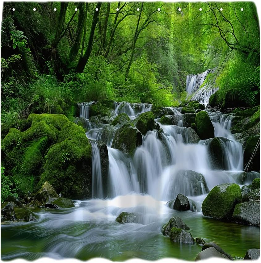 Waterfall Shower Curtain Flowing Stream Forest Waterfall Natural Landscape Green Trees Jungle Mossy Rocks Themed Scenery Bathroom Decor Curtain with Hooks