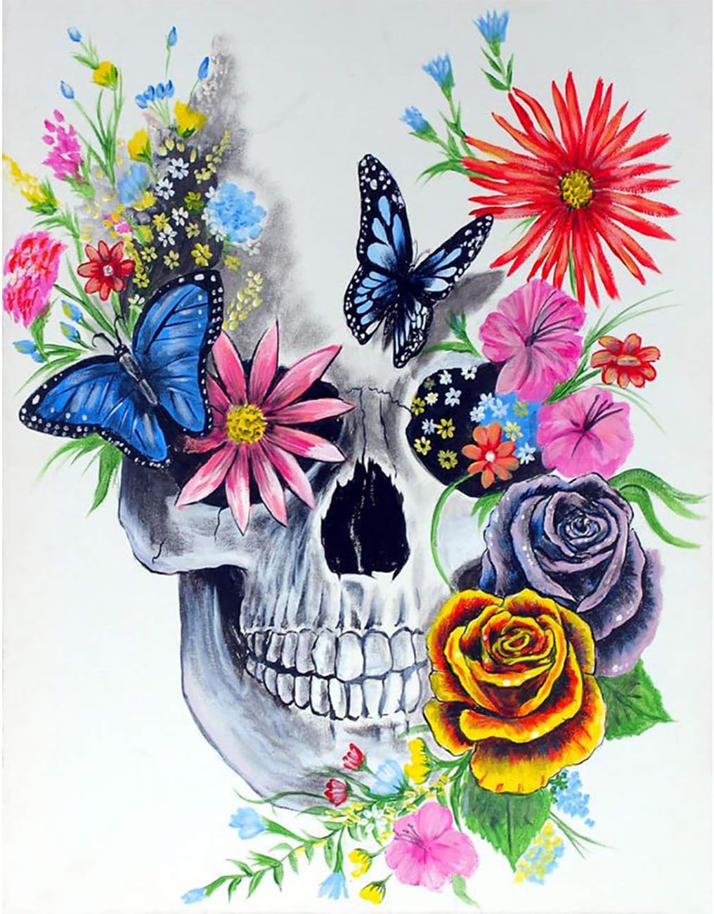 SKRYUIE 5D Diamond Painting Skull with Butterfly Full Drill Paint with Diamond Art, DIY Skeleton Flower Painting by Number Kits Cross Stitch Embroidery Rhinestone Wall Home Decor 30x40cm (12"x16")