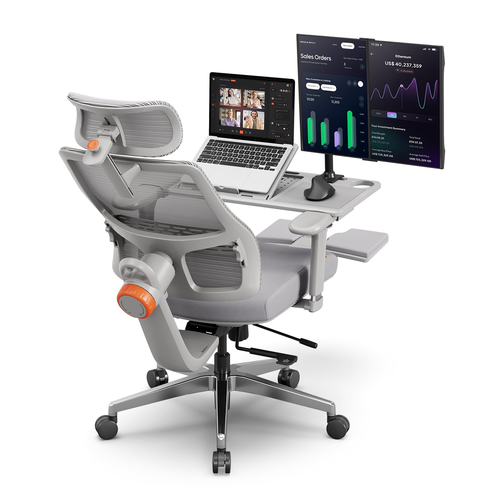 Newtral Best Ergonomic Office Chair with Adaptive Lumbar Support, Laptop Tray, Home Office Desk Chair with 4D Armrest & 5D Headrest, High Back Swivel Desk Computer Chair with Footrest Grey 5D Headrest+Aluminum Base+Laptop Tray