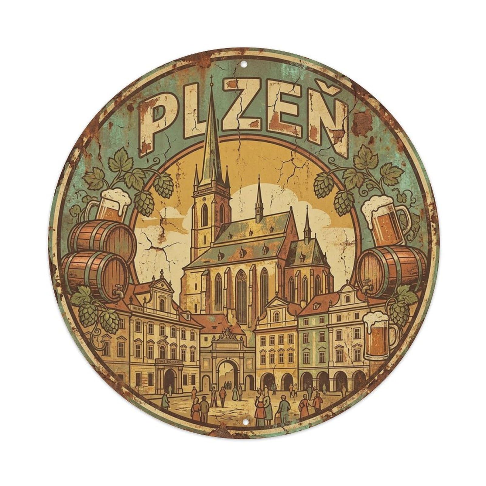 Czechia Travel Retro Plzen Vintage Metal Tin Sign Plaque Wall Decor for Cafe, Club Bar, Office, Garden Metal Poster 8x8Inch