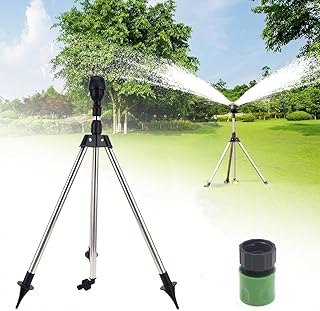 Mufern Aspersor de tripé giratório, aspersores de irrigação giratórios automáticos de 360 graus, aspersores de tripé telescópico para grandes áreas, quintal, jardim, gramado, sistema de irrigação automática