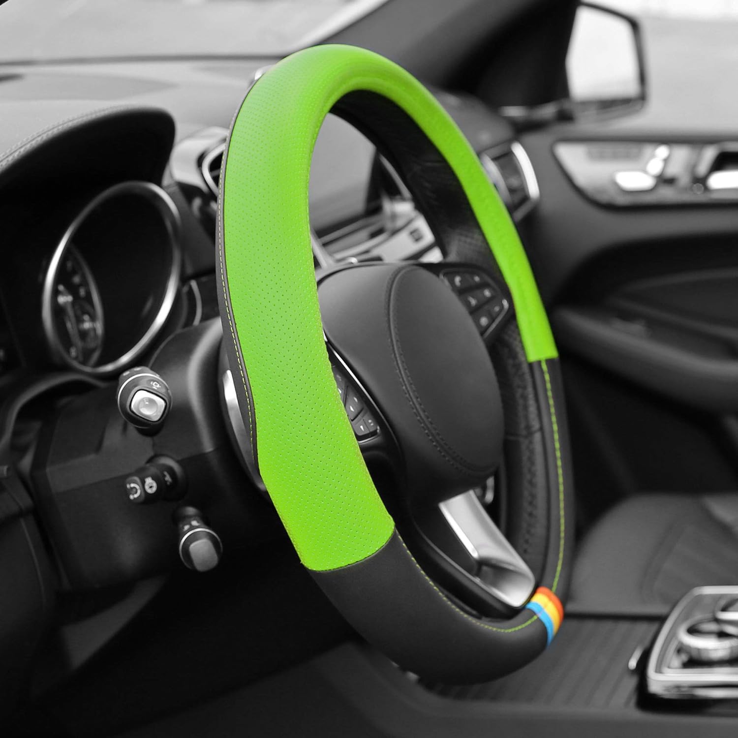 TLH Full Spectrum Microfiber Leather Steering Wheel Cover, Green Color