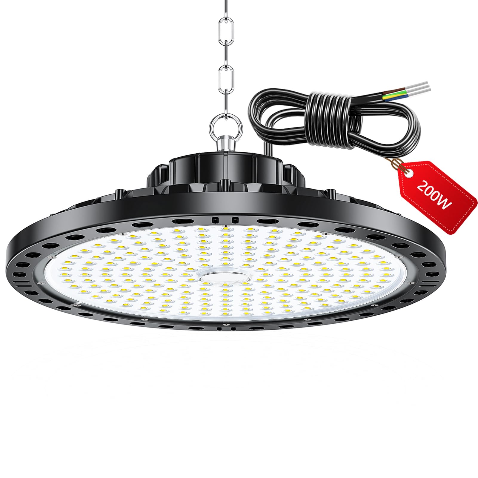 LAMLAMCK LED Hallenstrahler - 200 W 20000 LM UFO Hallenbeleuchtung LED mit Transformator, IP65 Wasserdicht Werkstatt Deckenleucht, 6500k UFO Industrielampe für Garage Fabriken Geschäft
