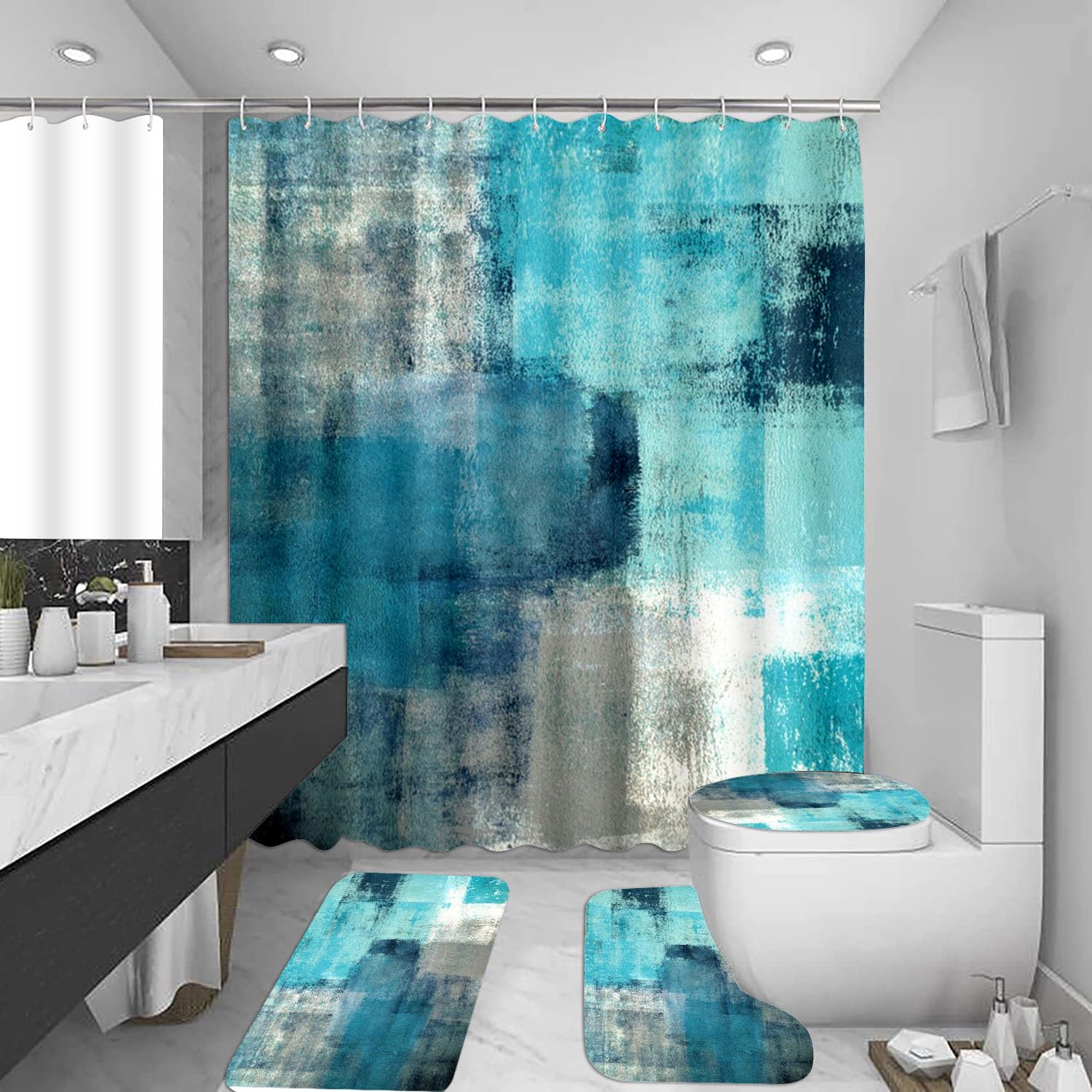 Tapis de douche absorbant bleu dégradé ensemble 3 pièces pour salle de bain