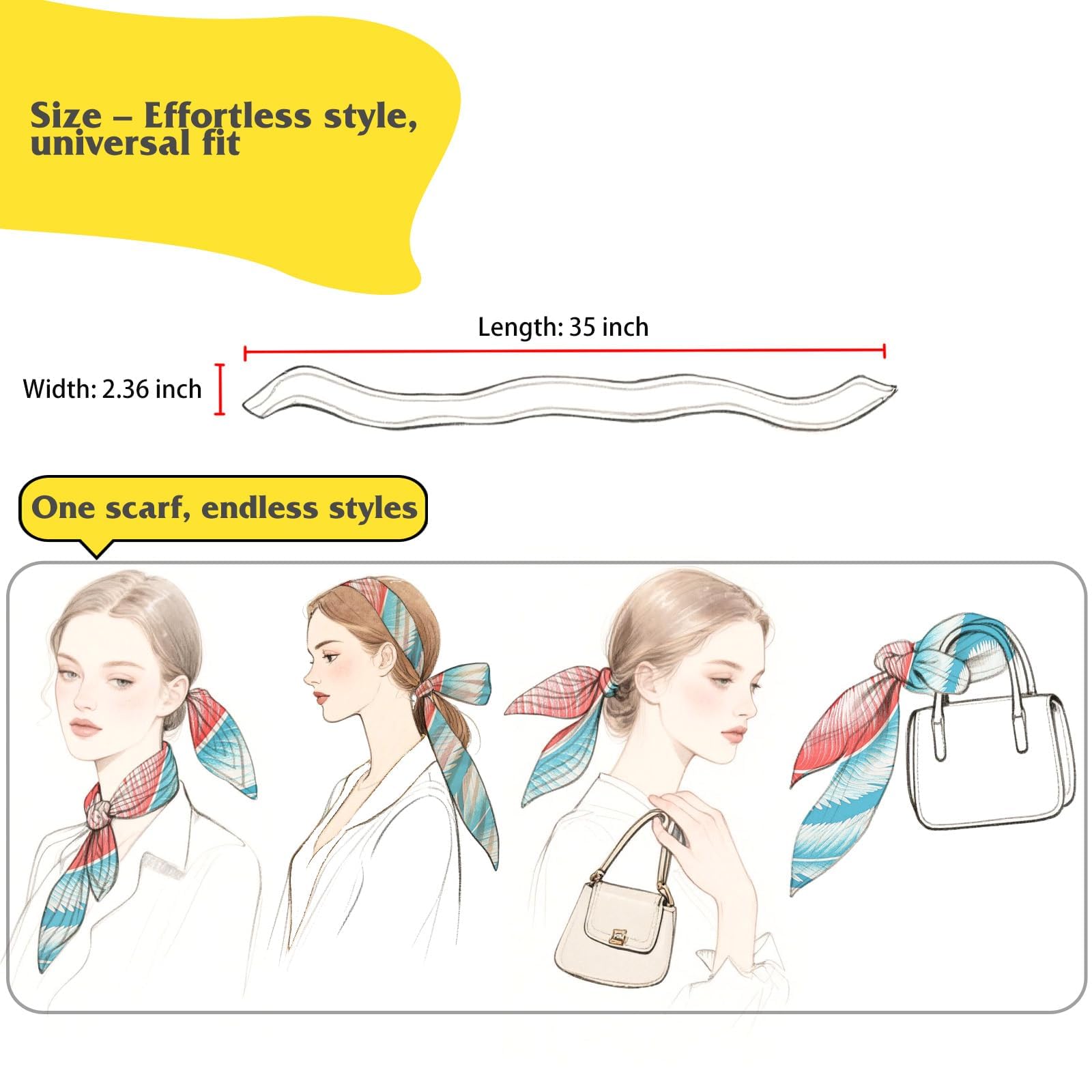 4 szt. szalik damski, bandana do włosów dla kobiet, satynowa chustka, chusta na głowę, wiązanie szyi lub głowy, stylowe akcesoria modowe, styl boho, prezenty dla kobiet (89 x 6 cm)