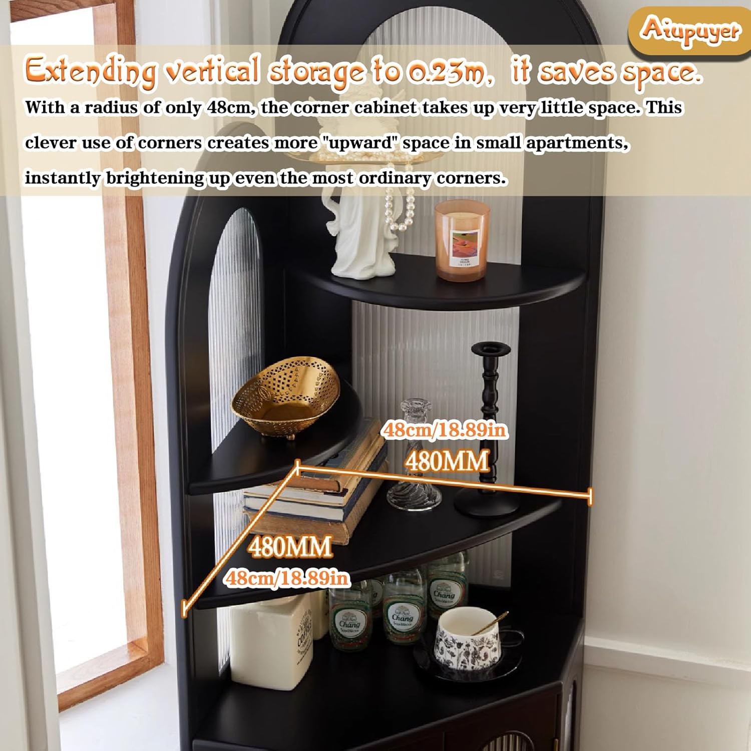 Floor-Standing Storage Rack, Home Bar Liquor Storage Cabinet Corner Bookshelf with Storage Bookcase French Corner Shelf, Vintage Solid Wood Triangular Fan-Shaped Bookshelf 179CM/70.47IN Black
