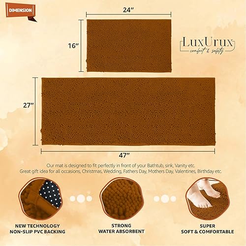 LuxUrux Juego de 2 alfombras de baño de felpilla ultra afelpadas, incluye alfombra de pasillo, suave, absorbente, antideslizante y elegante (27 x 47