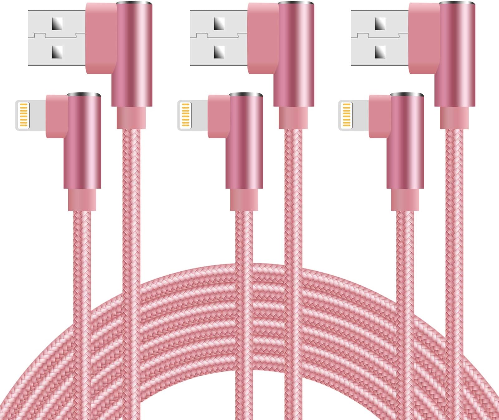 Quickeep iPhone Charger 10ft 90 Degree Lightning Cable 3 Pack iPhone Charging Cable Right Angle Nylon Braided Fast Charger Cord Compatible with iPhone 14/13/12/11/Xs/XR X/8/7 (Rose Gold)