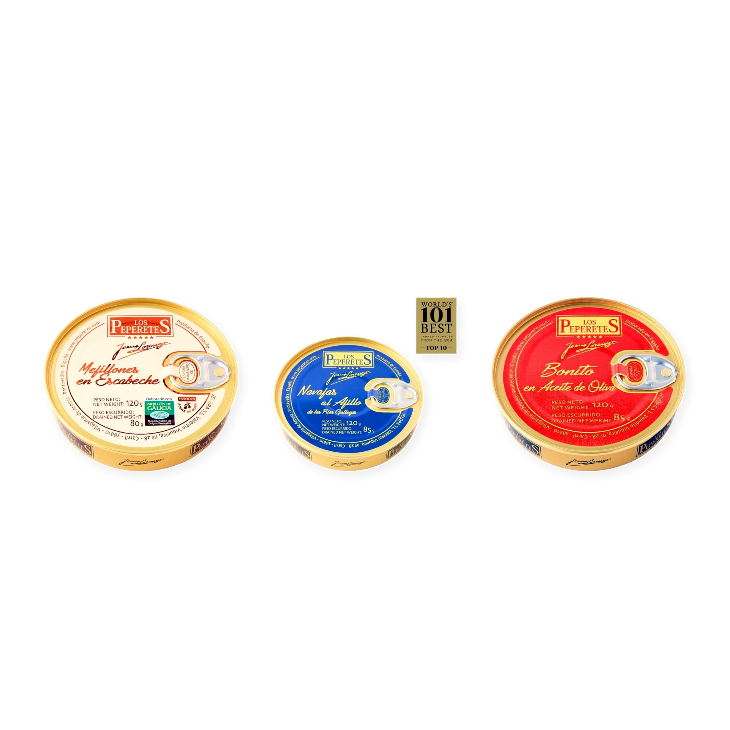los peperetes conservas Mejillones Escabeche 10-12, Navajas Ajillo y Bonito Aceite Oliva pack 3 latas
