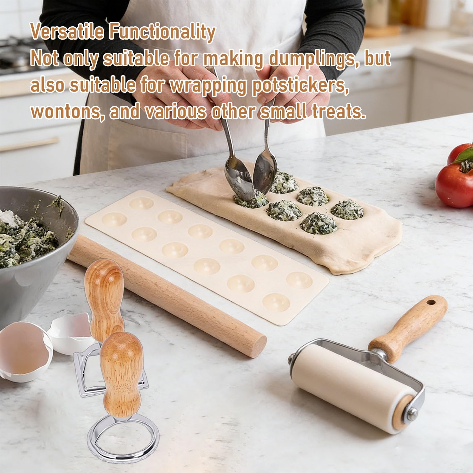 Luocute Cortador para Hacer Raviolis Cuadrados, Molde para Bola de Masa de Aleación de Aluminio de 12 Agujeros con Rodillo de Madera, Molde para Pasta y Sellos para Cocinar Albóndigas