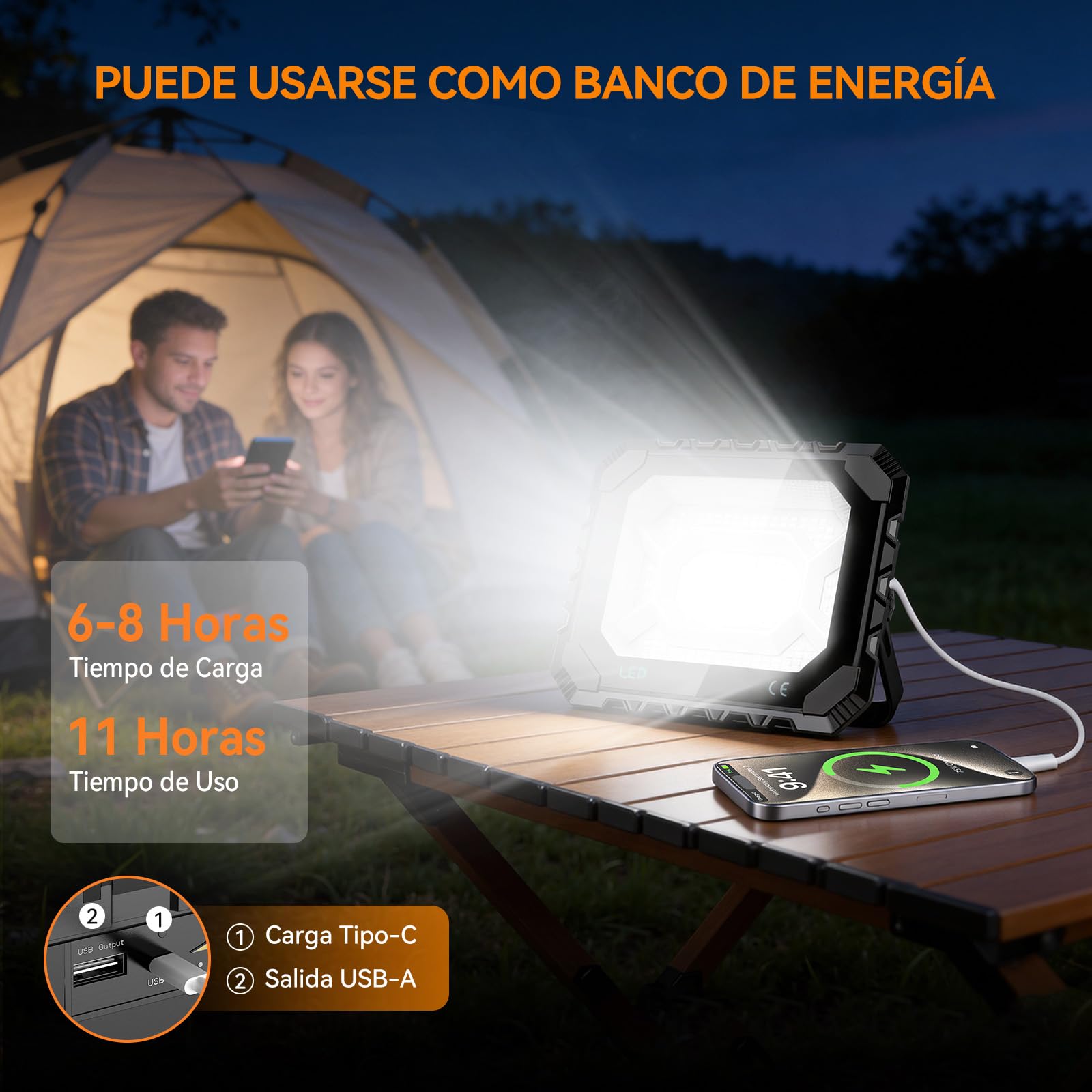 Adewalk 100W Foco LED Recargable, 12000mAh 10000LM Foco led Bateria Portátil con Panel Solar, 5 Modos de Luz, IP66 Impermeable, Luz de Trabajo Exteriore para Camping, Pesca, Emergencia, Garaje