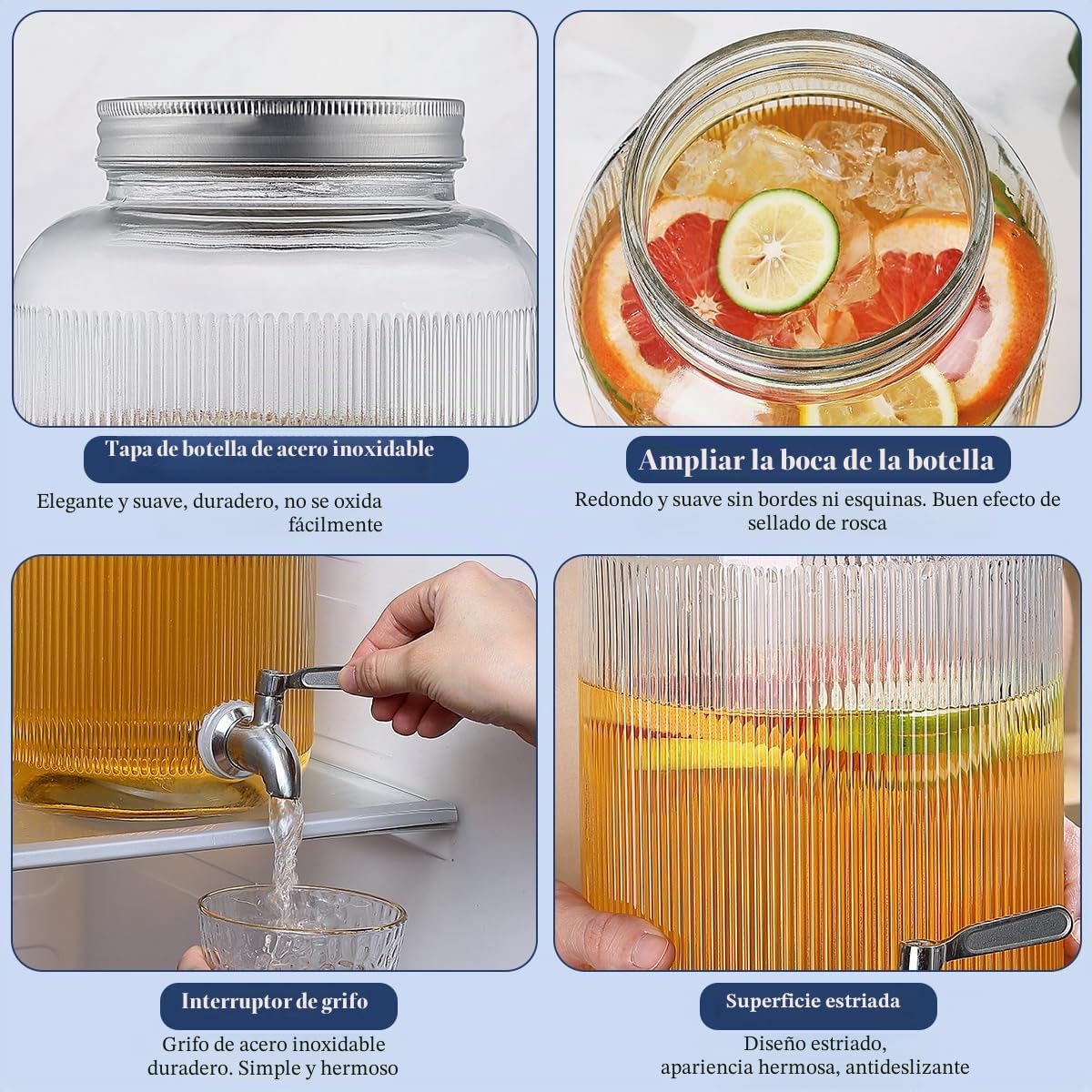 Evanda Dispensador de bebidas de vidrio con grifo de acero inoxidable a prueba de fugas, Dispensador de bebidas heladas de 4L, Dispensador de bebidas para tetera de frutas para hacer té helado