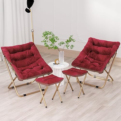 Cómoda silla platillo para adultos, juego de 2 sillas plegables de piel sintética suave con reposapiés, marco de metal, acogedora silla plegable de