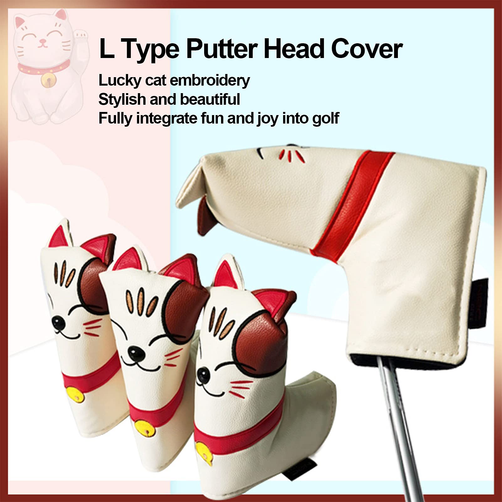 Cover, L Type, Cute Lucky cat, PU + Plush Cover PU Leather Putter Blade Cover Magnetic Closure