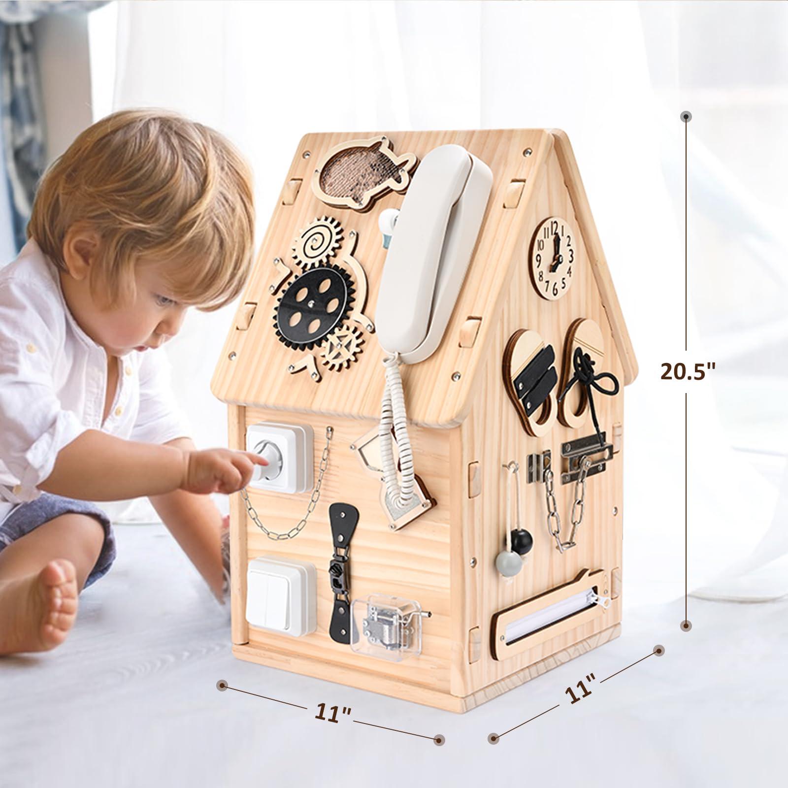 Montessori Drewniany Busy House Tablica Manipulacyjna Zabawka dla Małych Dzieci, Przedszkolna Zabawka Edukacyjna, Tablica Sensoryczna do Rozwoju Motoryki Małej, Prezent dla Chłopców i Dziewczynek