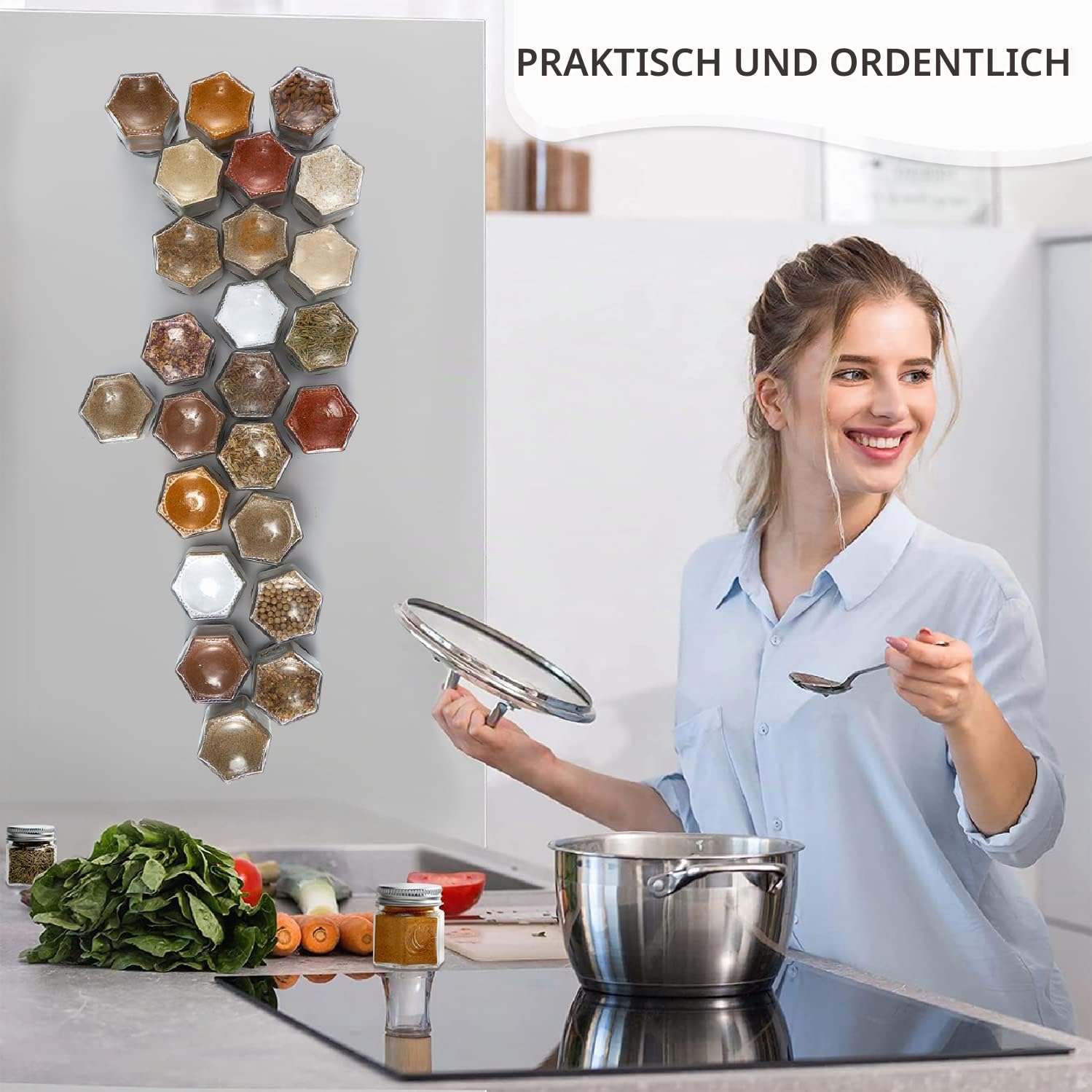 Homazing Set mit 24 magnetischen Gewürzgläsern für Kühlschrank, sechseckige Glas-Magnetgewürzgläser mit Shaker-Deckel und Etiketten für Küche, Wohnmobil und Reiseanhänger