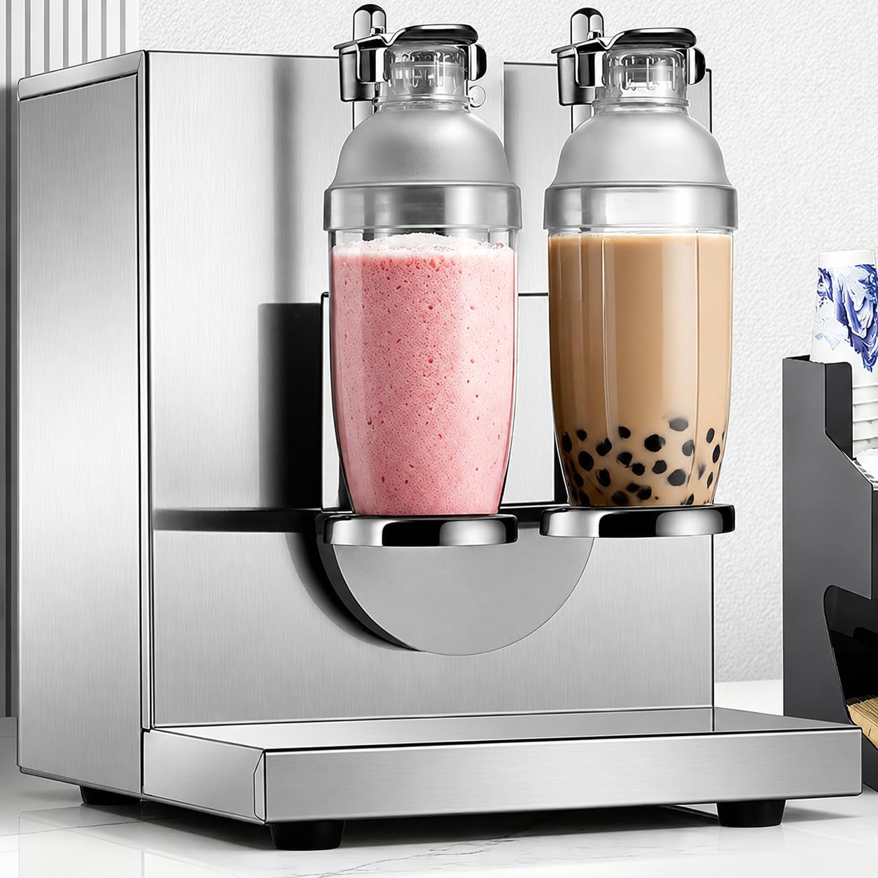 Shaker Eléctrico para Cócteles 120W, Doble Vaso, Temporizador | 340 rpm; Inox; Soportes 350–1000 ml; Inicio Rápido; Parada de Emergencia; Base Lastrada; Incluye 2 Vasos Shaker; Cóctel, Bar