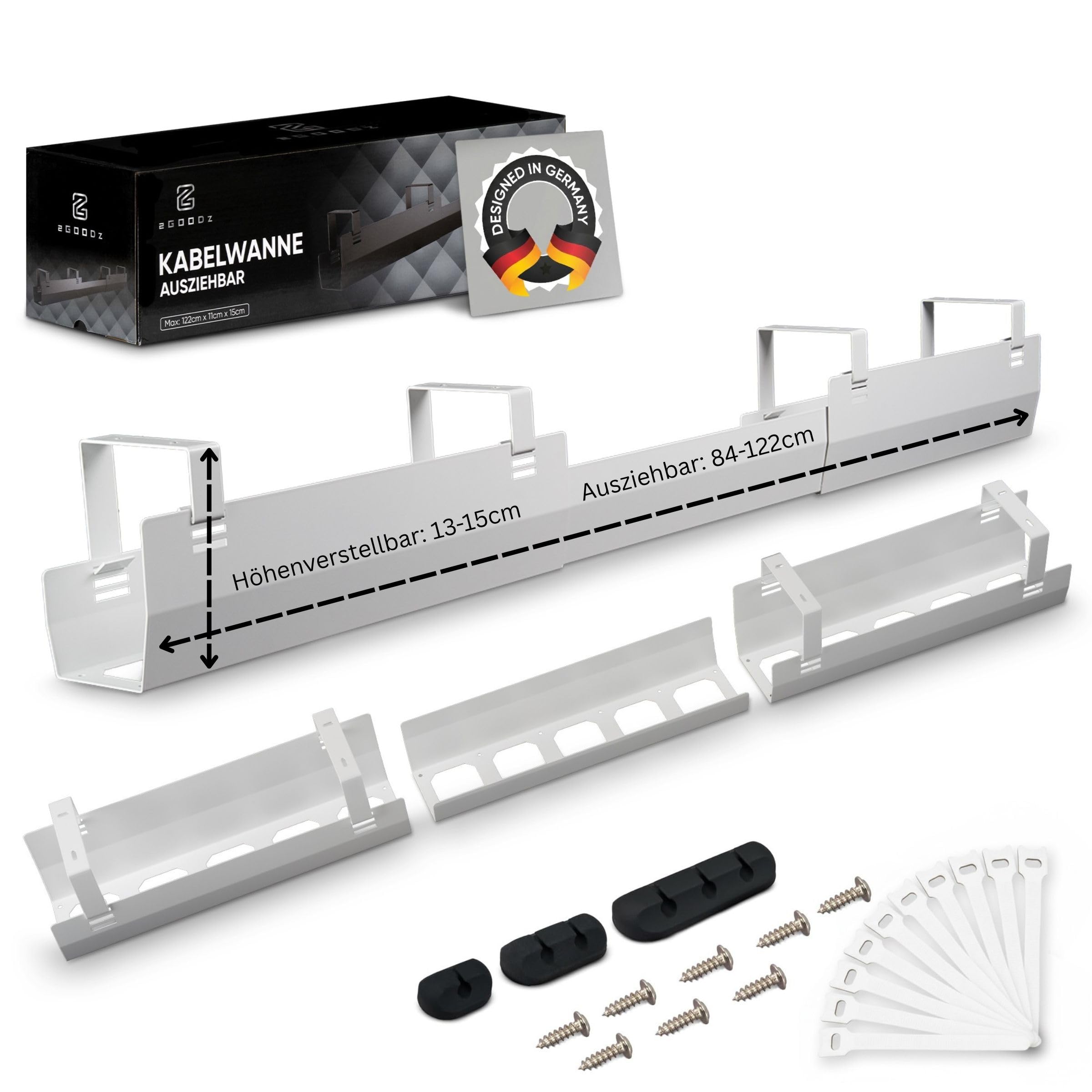 2GOODz - Kabelwanne für Schreibtische - Kabelkanal ausziehbar 84 bis 122 cm - Effizientes Kabelmanagement - Komplett Set mit Gratis Zubehör - Einfache Montage - Weiß