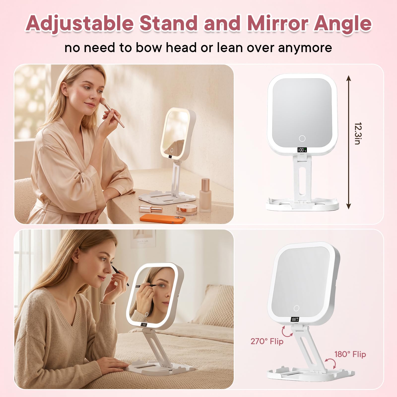 Specchio da viaggio per il trucco con luci, specchio ingranditore 10X/1X, angolo regolabile in altezza e display digitale di potenza, luce LED compatta dimmerabile ricaricabile a 3 colori