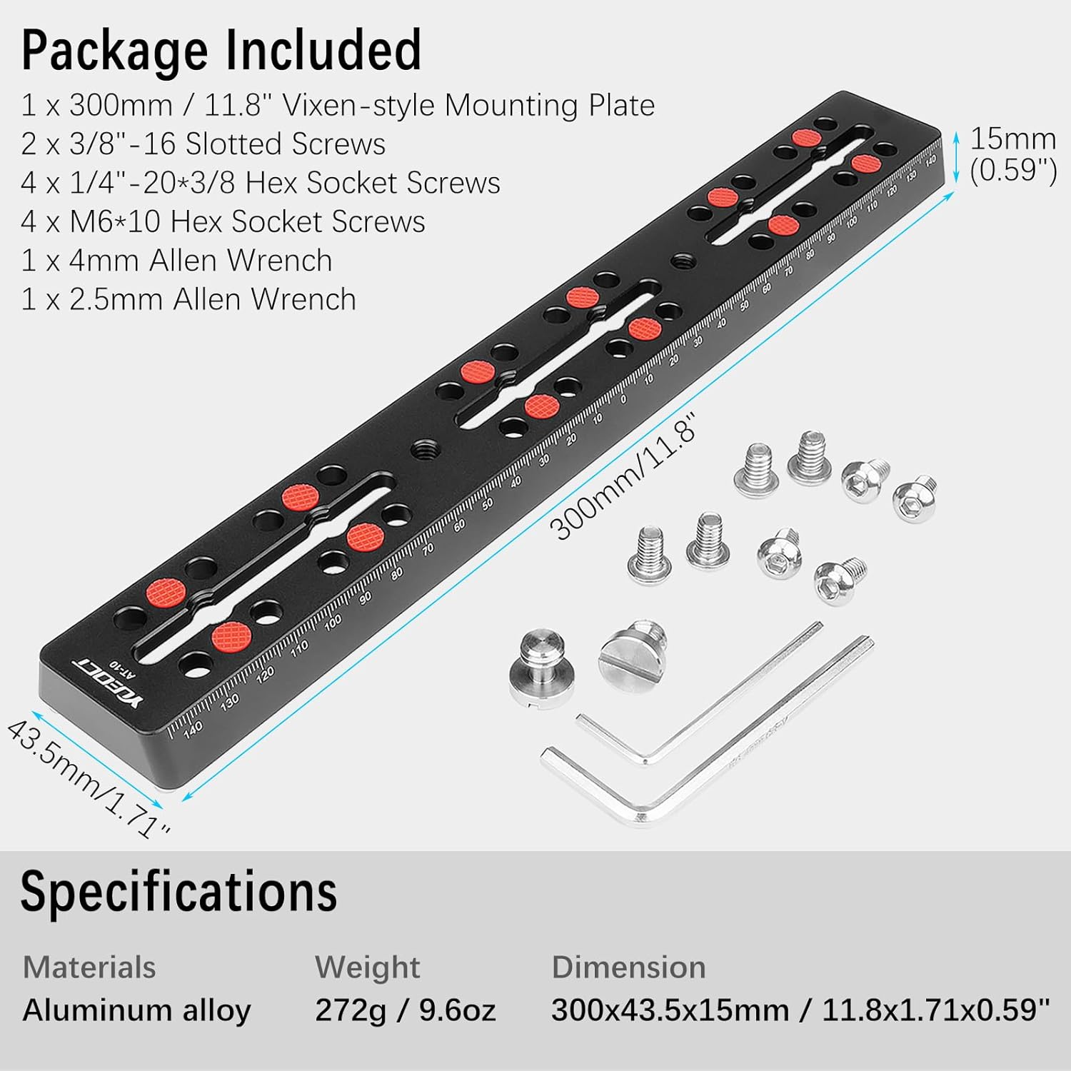 300mm/11.8" Telescope Rail Bar Vixen Style Dovetail Mounting Plate, with M6 1/4" 3/8" Camera Screw for Telescope Saddle Mount Base OTA Equatorial Head Tripod Adapter Sky Astrophotography