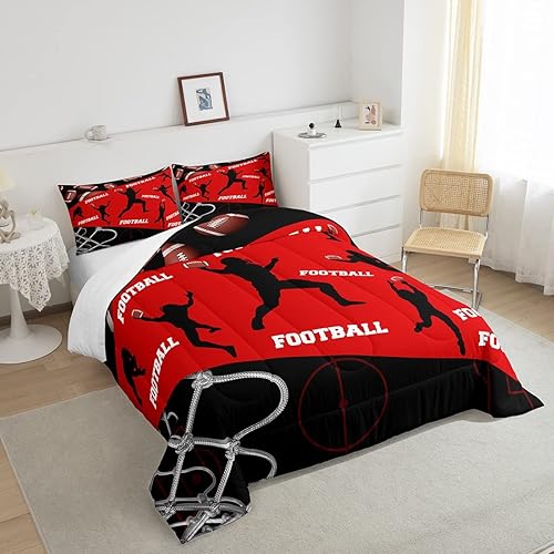 Miniatura 4 de Erosebridal Juego de edredón de fútbol de tamaño individual juegos de edredón deportivo para niños juegos de edredón de fútbol rojo y negro ropa de