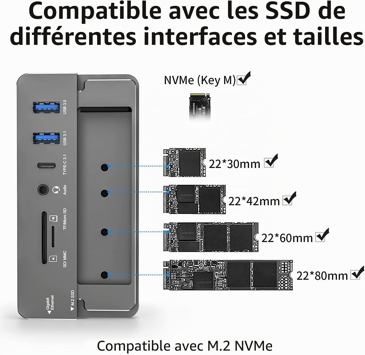 Hub USB-C avec Boîtier de Disque Dur, Hub USB C 10 en 1 avec Boîtier de Disque Dur Externe SSD M.2, HDMI 4K, USB 3.0, Lecteur de Carte SD/TF, Compatible avec Ordinateur Portable, iPad (Gris)