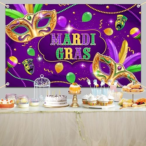 Miniatura 8 de AIBIIN Telón de fondo de Mardi Gras de 7 x 5 pies para fiesta de cumpleaños fotografía morada y dorada pancarta de feliz cumpleaños suministros de