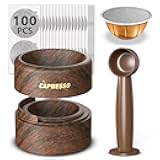 Reusable Vertuo Pod Refill Kit for Nespresso: Reusable Vertuo Capsule for Nespresso/Coffee Pods Vertuoline with 100 Aluminum Foil Lids for Any Size of Vertuo Plus Espresso Pod- Wood Grain Holder