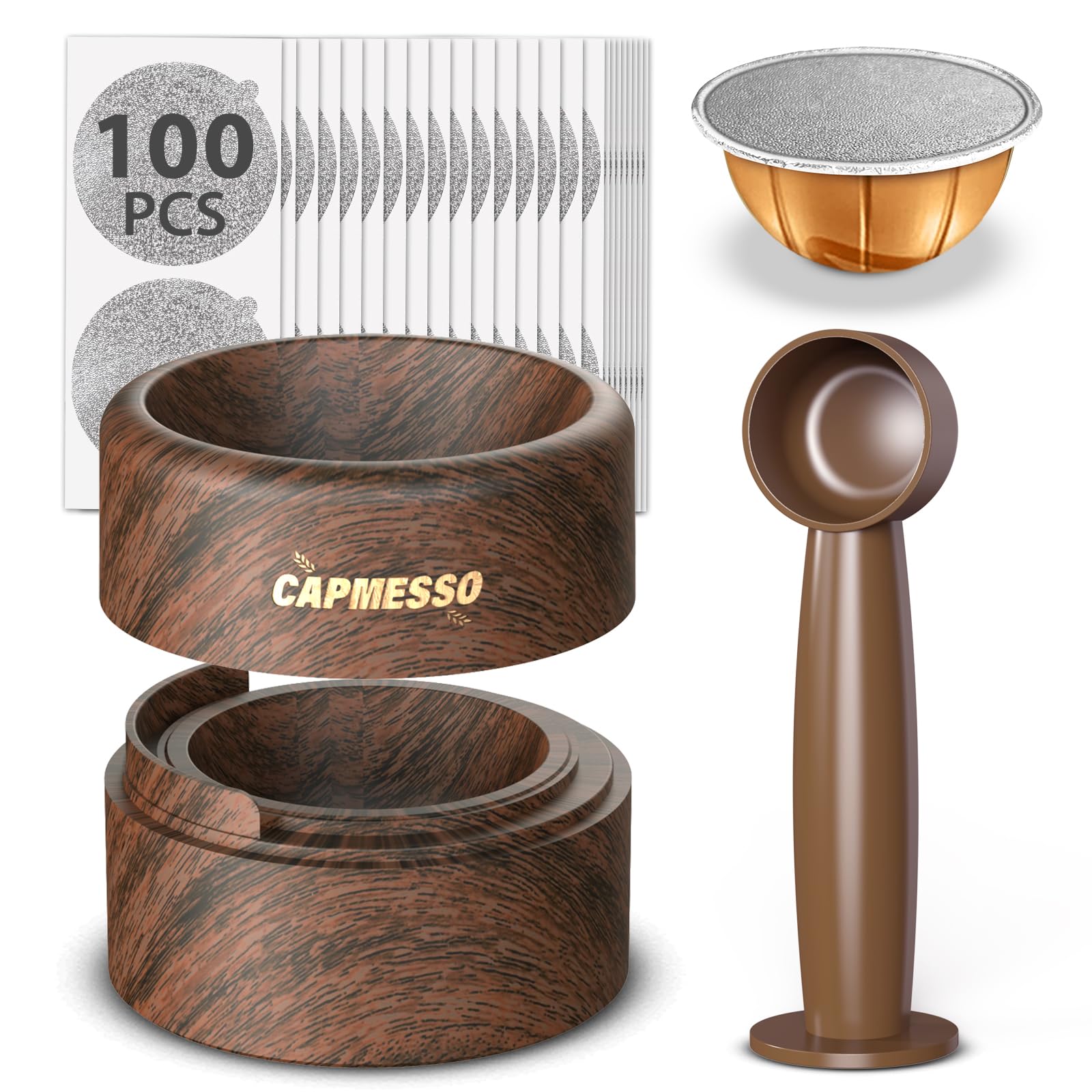 Reusable Vertuo Pod Refill Kit for Nespresso: CAPMESSO Aluminum Foil Lids for Nespresso Vertuo Pods - 100 PCS Foil Seal Cover for Reusable Nespresso Pods Vertuo (1 Wood Grain Base + 100 Lids+ 1 Scoop)