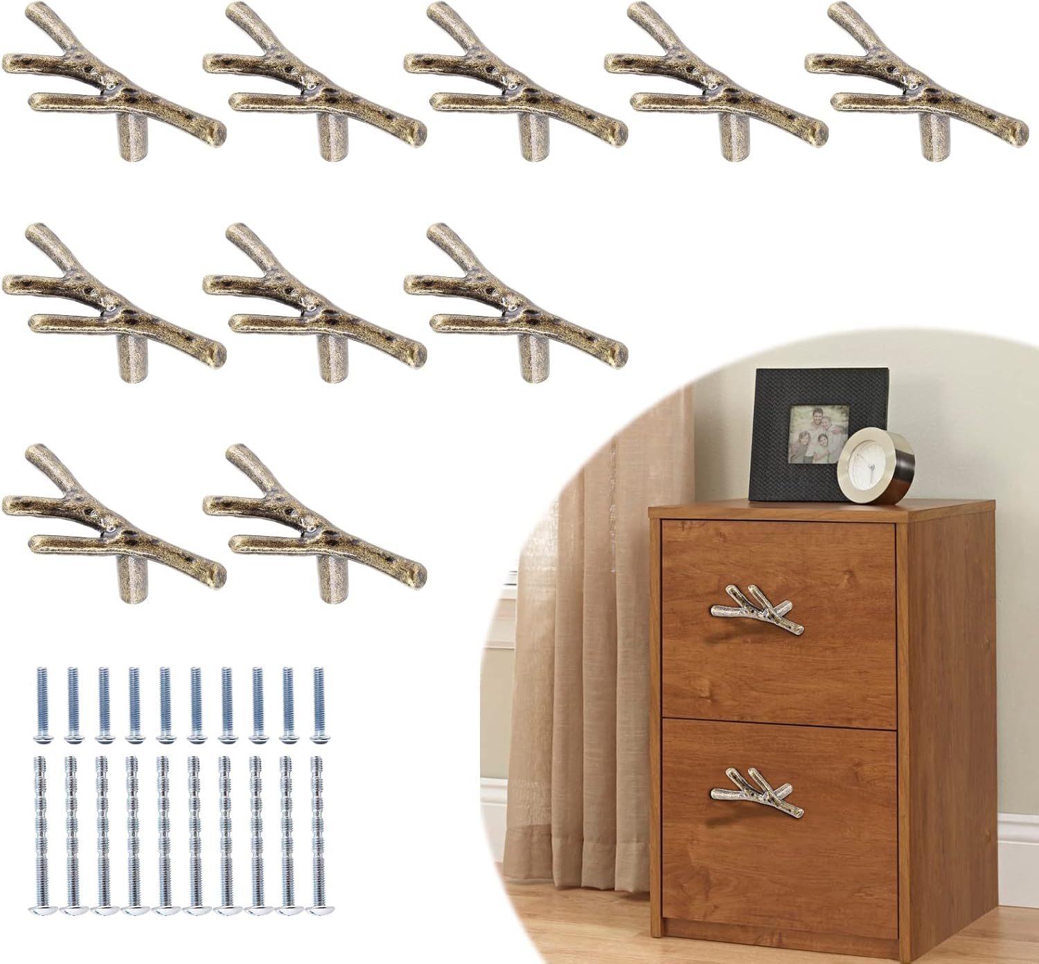 Bivethoi 10 Pack Twig Branch Cabinet Knobs Antique Bronze Tree Branch Handles, Zinc Alloy Single Hole Drawer Pulls, Vintage Dresser Farmhouse Cupboard Decorative Door Knob Pull