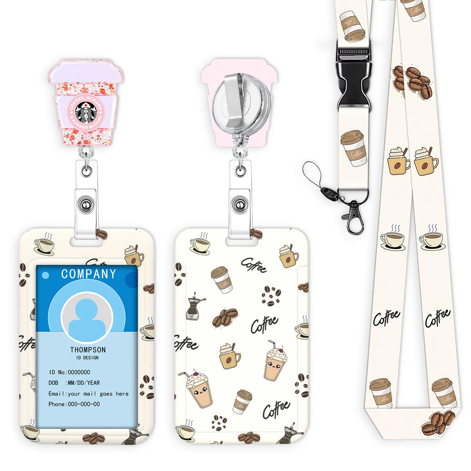 Lanyards for ID Badge Holder Coffee Scrub Cute Badge Reel Teacher Lanyard with ID Holder Name Tag Clip Retractable Keychain Badge Reel Heavy Duty