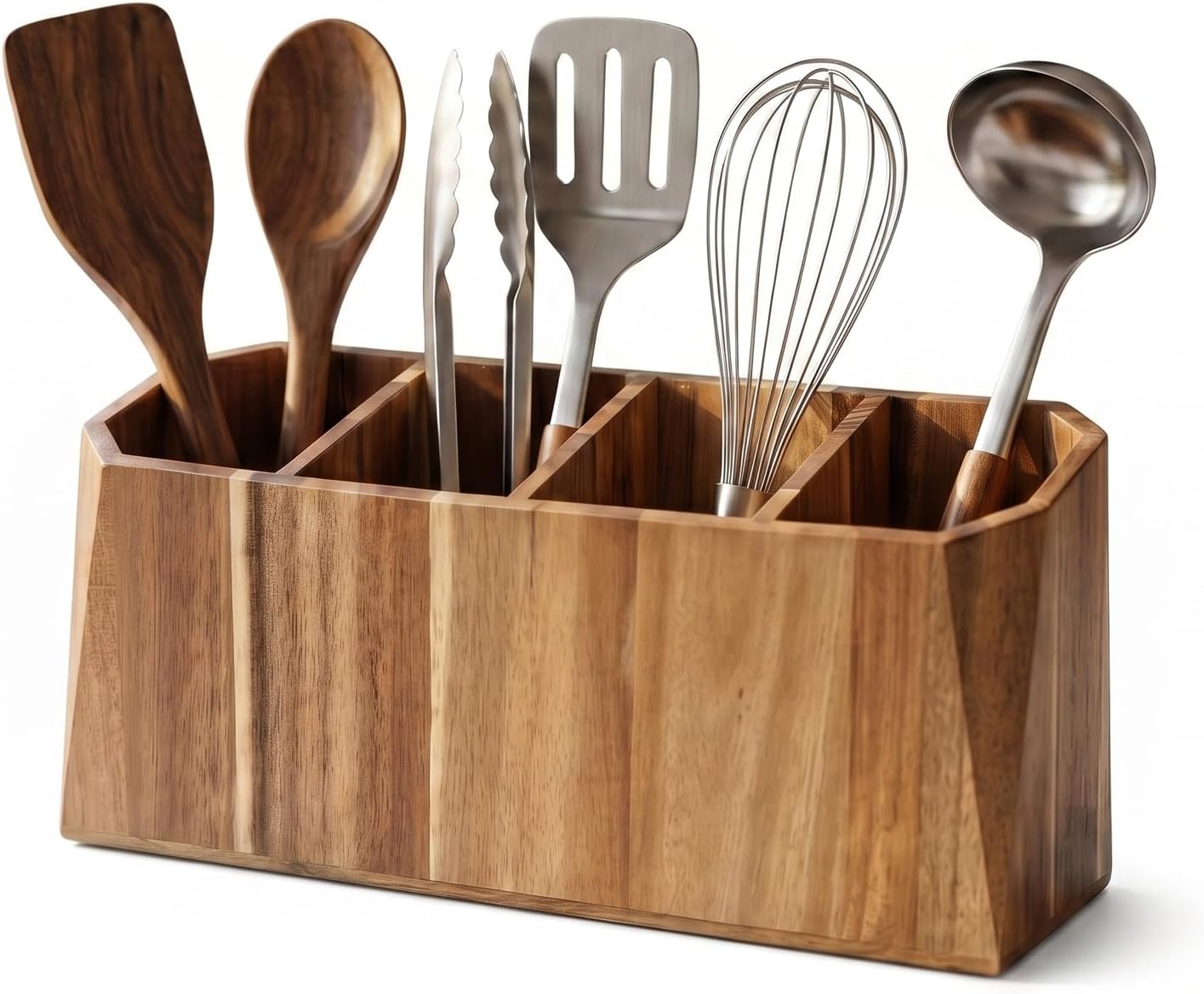 Extra Large Kitchen Utensil Holder for Countertop – Acacia Wood Utensil Holder with 4 Compartments, Beveled Edges, Non-Slip Pads & Drain Hole – Rustic Farmhouse Kitchen Countertop Storage Caddy