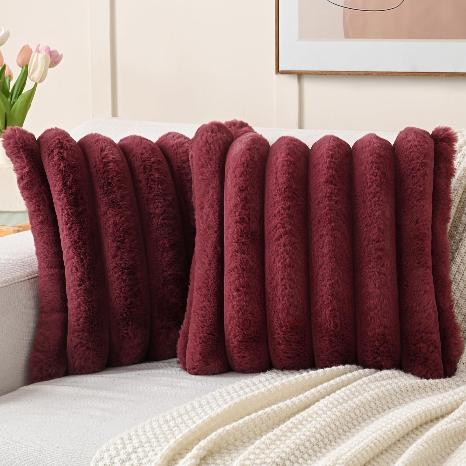 FUTEI Set of 2 Fluffy Faux Rabbit Fur Cushion Covers 40 x 40 cm,Burgundy โ image 1