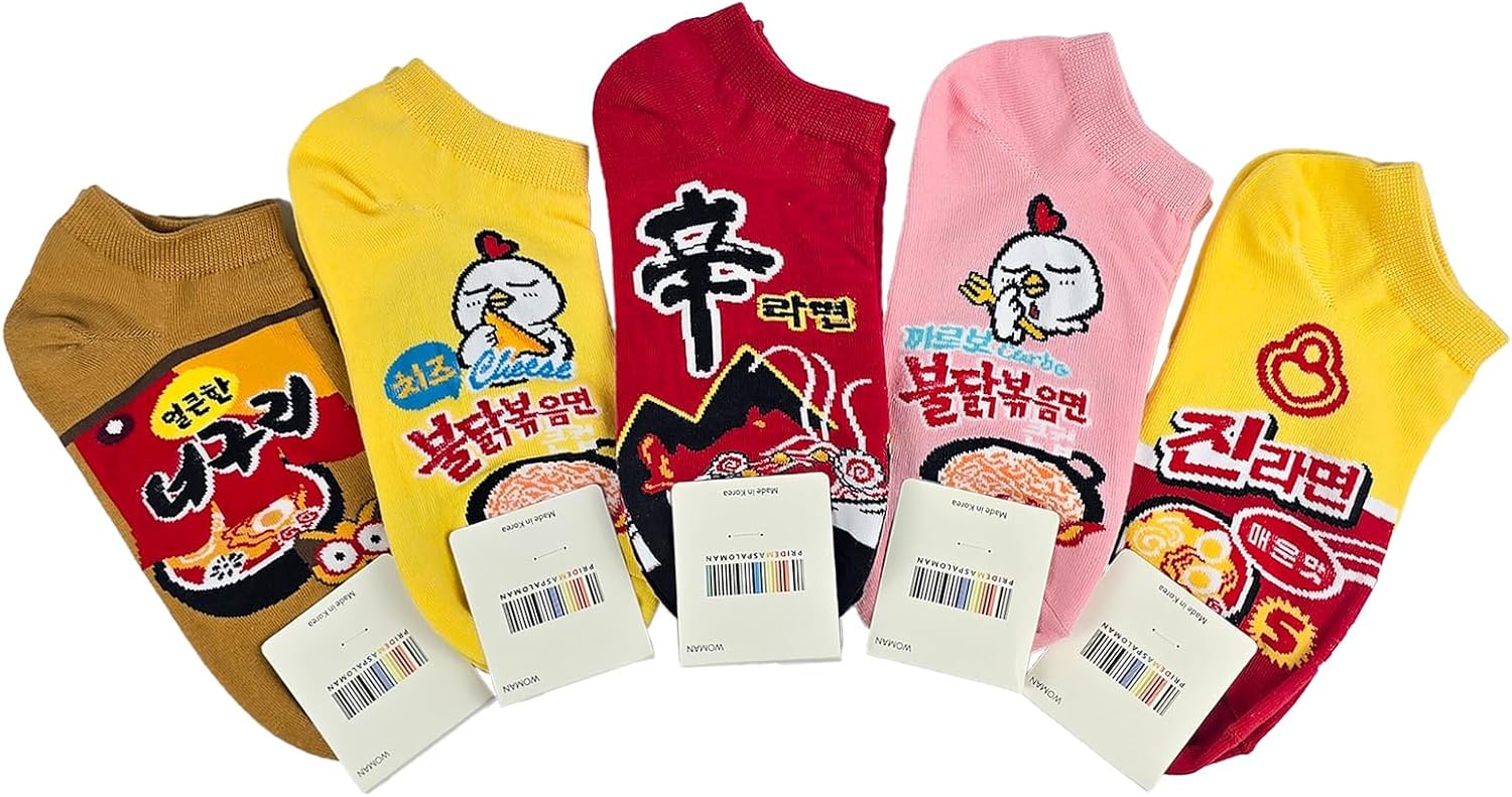 Jcube Korean Cute Socks for Women 5 Pairs - Funny Noodle and Cotton Art Painting Ramen Designs