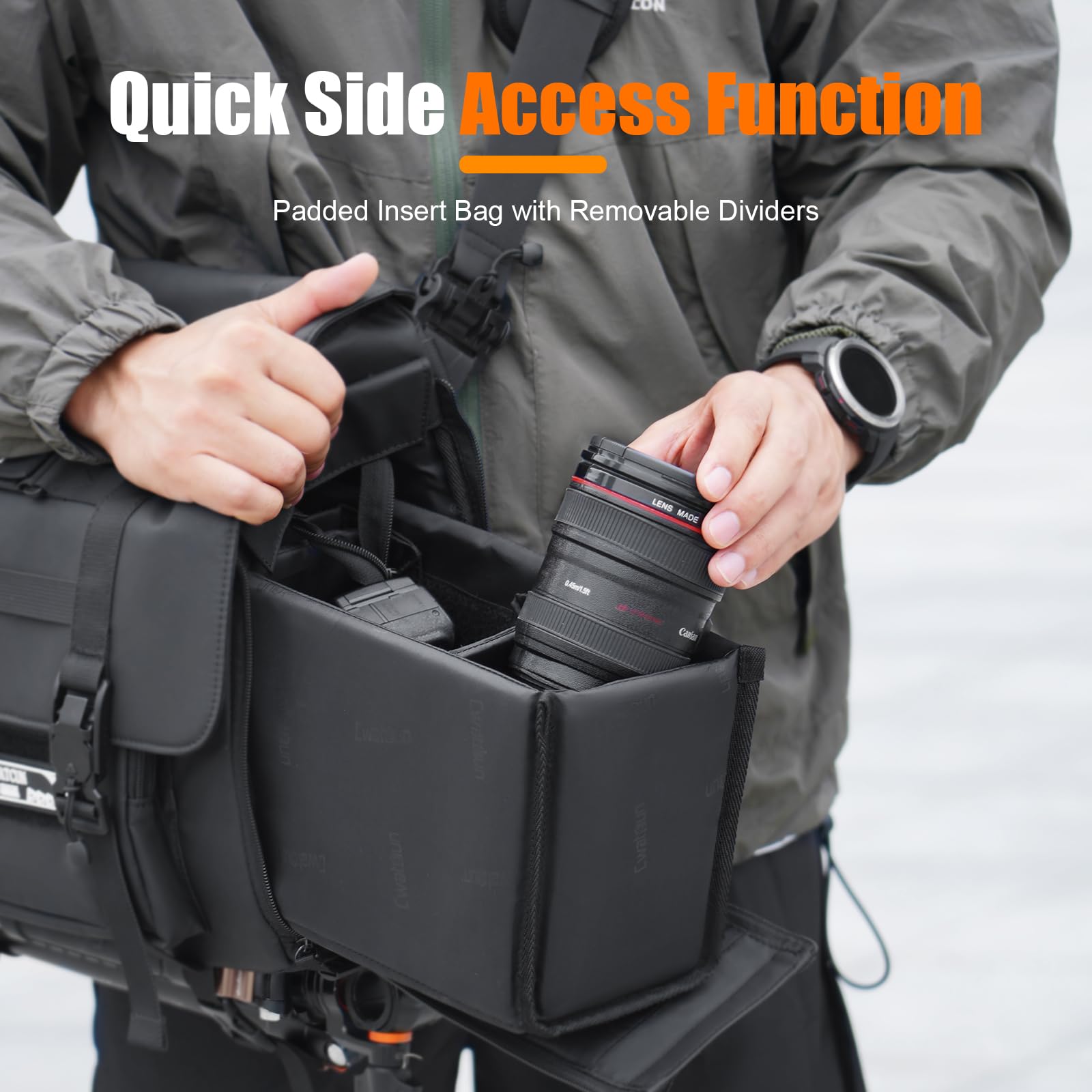 Cwatcun Bolsa táctica grande para cámara, funda cruzada impermeable con soporte para trípode y bolsas