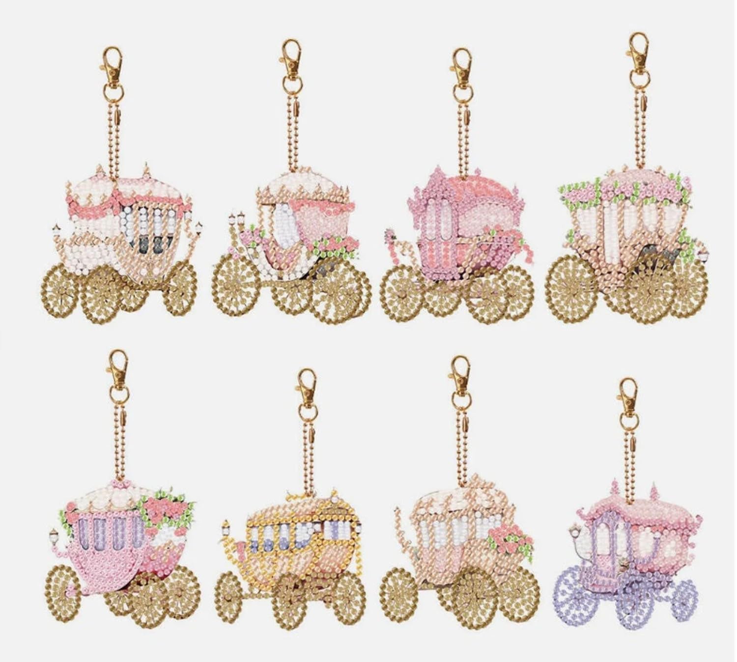 Syntego 8pcs 5D DIY Assorted Cute Fairy Tale Carriages Diamond Painting Keyrings/Keychains Kit for Adults Double Sided Rhinestone Craft Pendant