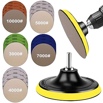 Water Grit Sandpaper 3000/4000/5000/7000/10000 and 5-inch Backing Pad Set, Wet Dry Electric Hook &Loop Sanding Disc with Pad, Grinding Abrasive Paper and Orbital Sander Polisher(20pcs)