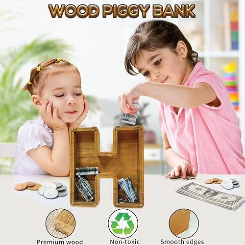 Vista 206 de Alcancía personalizada con nombre grabado láser, banco de almacenamiento de letras del alfabeto creativo, juguete de madera personalizado con letras