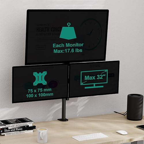 Miniatura 5 de Soporte triple para monitor, soporte de escritorio para tres pantallas de hasta 32 pulgadas, brazo de monitor apilado para 3 monitores máx. 17.6
