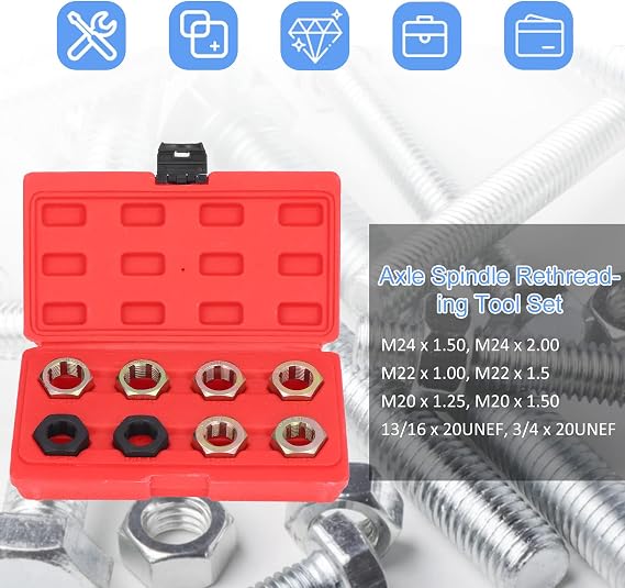 8Pcs Axle Spindle Rethreading Tool Set,Thread Restorer, Multiple Specification Thread Repairing Cleaning Tools with Tool Box