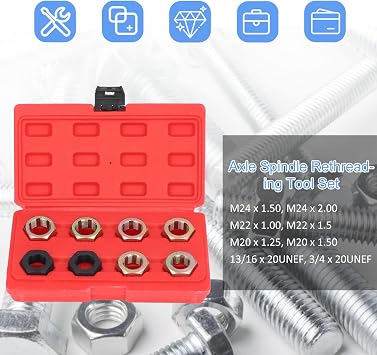 8Pcs Axle Spindle Rethreading Tool Set,Thread Restorer, Multiple Specification Thread Repairing Cleaning Tools with Tool Box