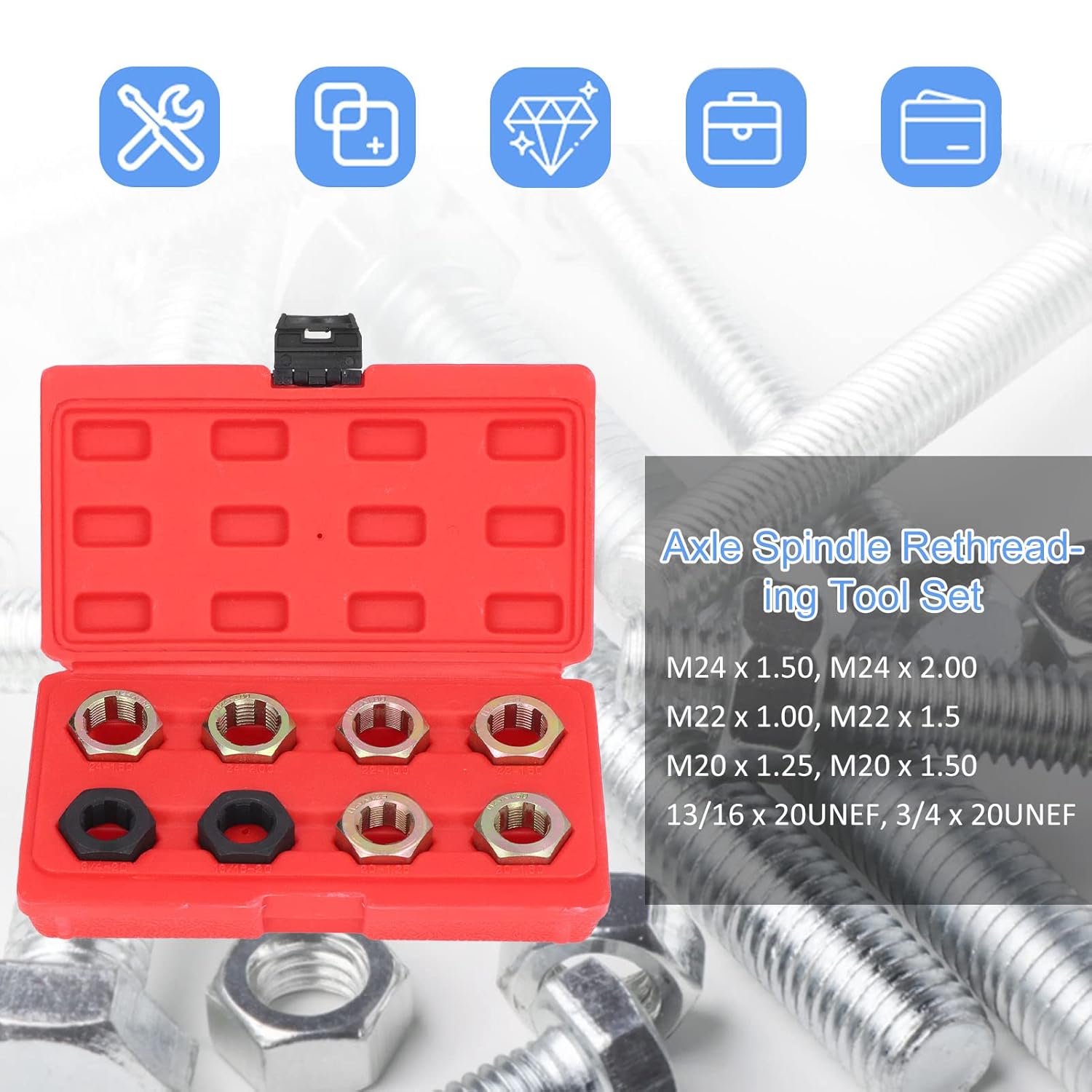 Axle Spindle Rethreading Tool Set with 8 Sizes for Car Thread Repair and Cleaning