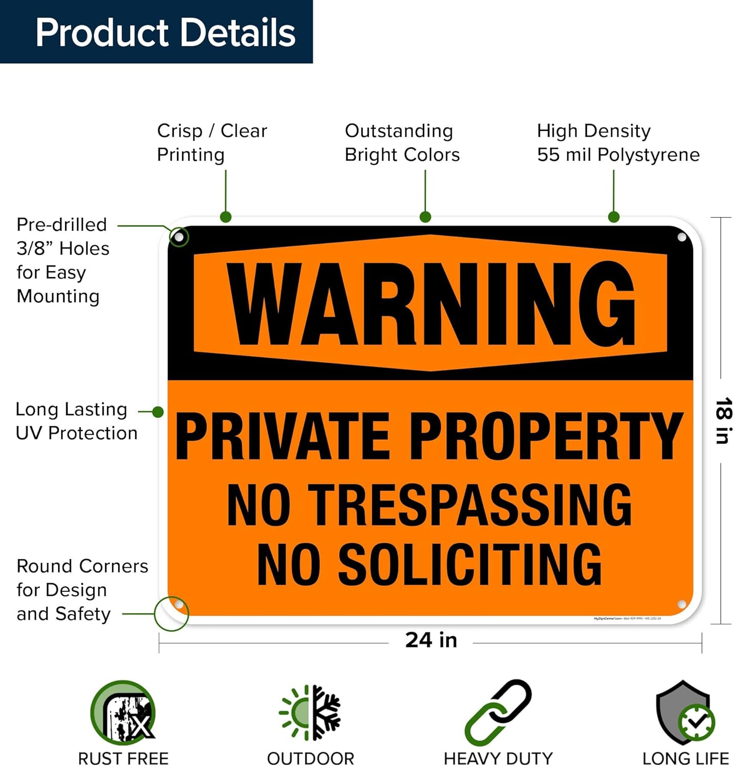 Warning Private Property No Trespassing No Soliciting Sign, 18x24 Inches, 55 mil thick HDPE (high density polyethylene), Made in USA by My Sign Center
