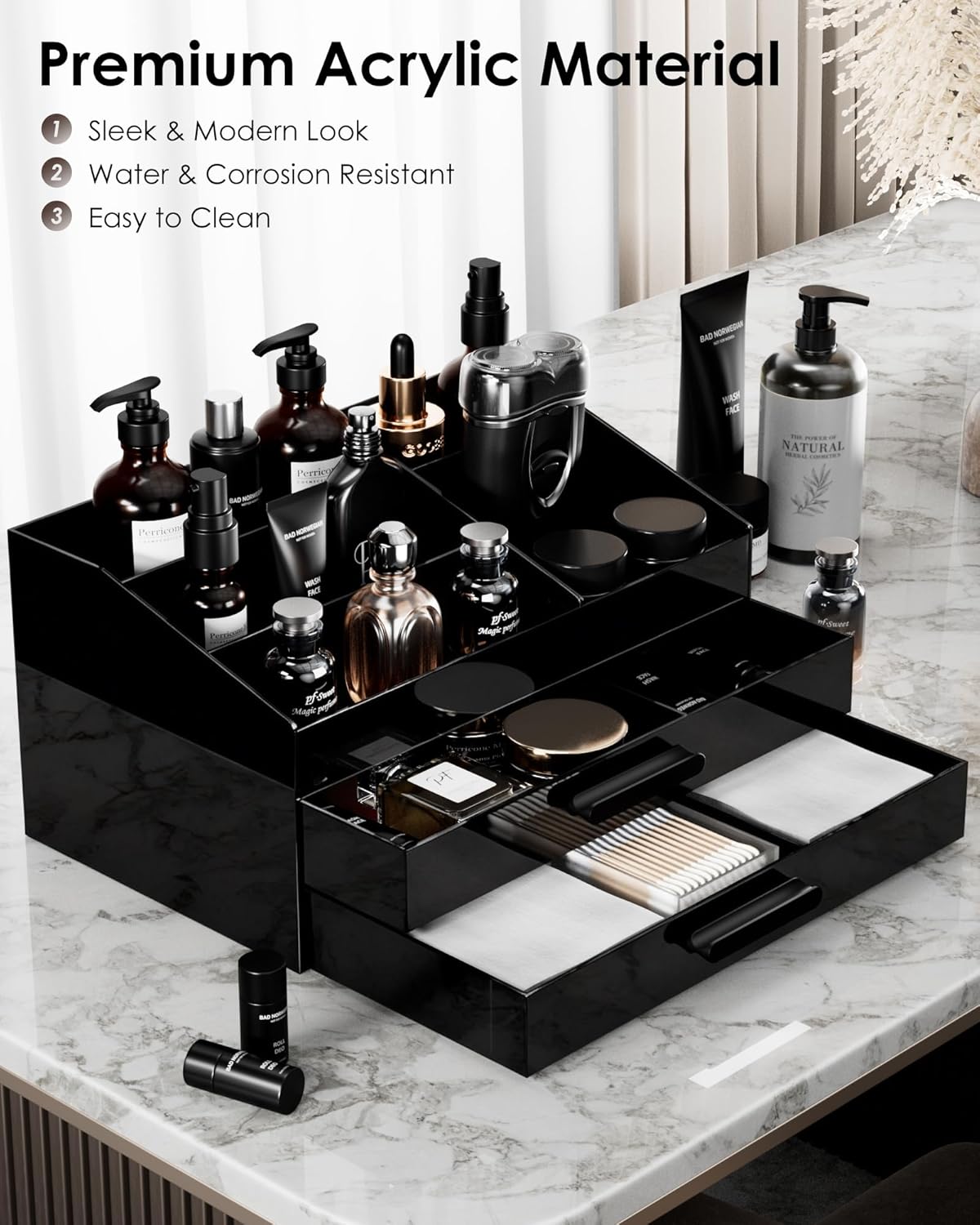 ProCase Cologne Organizer for Men with Drawer, Acrylic Perfume Holder & Bathroom Countertop Organizer for Men & Women, Dresser Vanity Storage for Cologne, Perfume and Skincare -2 Layer