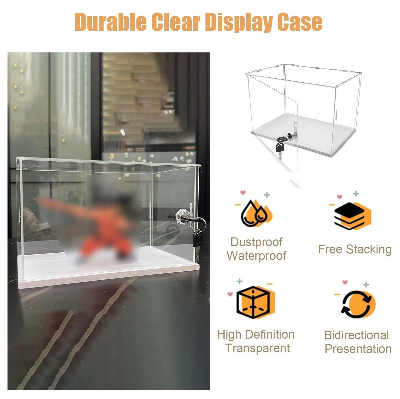 Vibeo Cajas de Metacrilato Caja de Acrílico Transparente con Cerradura, Puerta y Llaves, Vitrina Pequeña de Plástico Antipolvo para Figuras, Caja Expositora Apilable 10-40 cm(20x15x35cm(8"x6"x14"))
