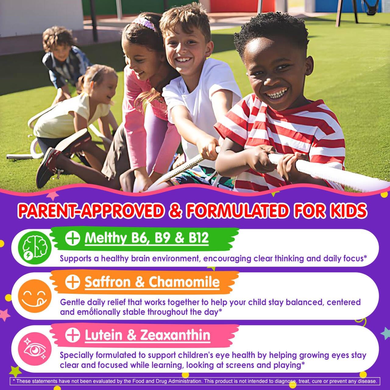 Kids Brain Gummies with Lion's Mane Mushroom, Methyl B6, B9, B12, Super Greens, Lutein, Brain Booster Supplement for Focus & Attention, Cognitive Function, Vision & Energy, Sugar Free, Vegan 60 Count - Image 5