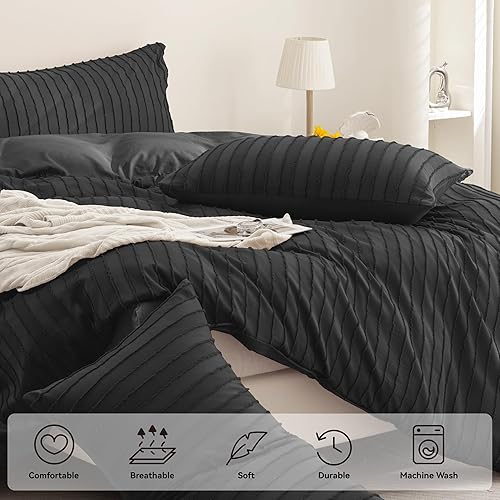 Miniatura 4 de JELLYMONI - Juego de funda de edredón de microfibra tamaño matrimonial color negro y azul de 3 piezas, reversible, textura capitoné a rayas bohemias