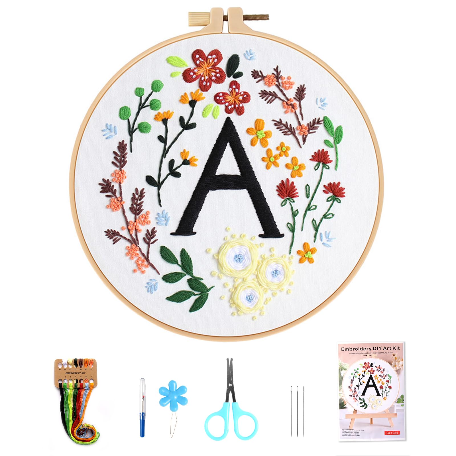 VUEJIC Beginner Embroidery Kit for Adults, Cross Stitch Kits for Adult Letter & Flower Pattern, Craft Kits for Beginners Includes Hoop, Color Floss, Tools .(A)