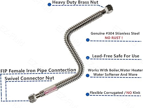 Miniatura 2 de EZ-Fluid Conector de calentador de agua de acero inoxidable flexible corrugado FIP de 1 pulgada x 34 pulgadas FIP x 18 pulgadas para tuberías de