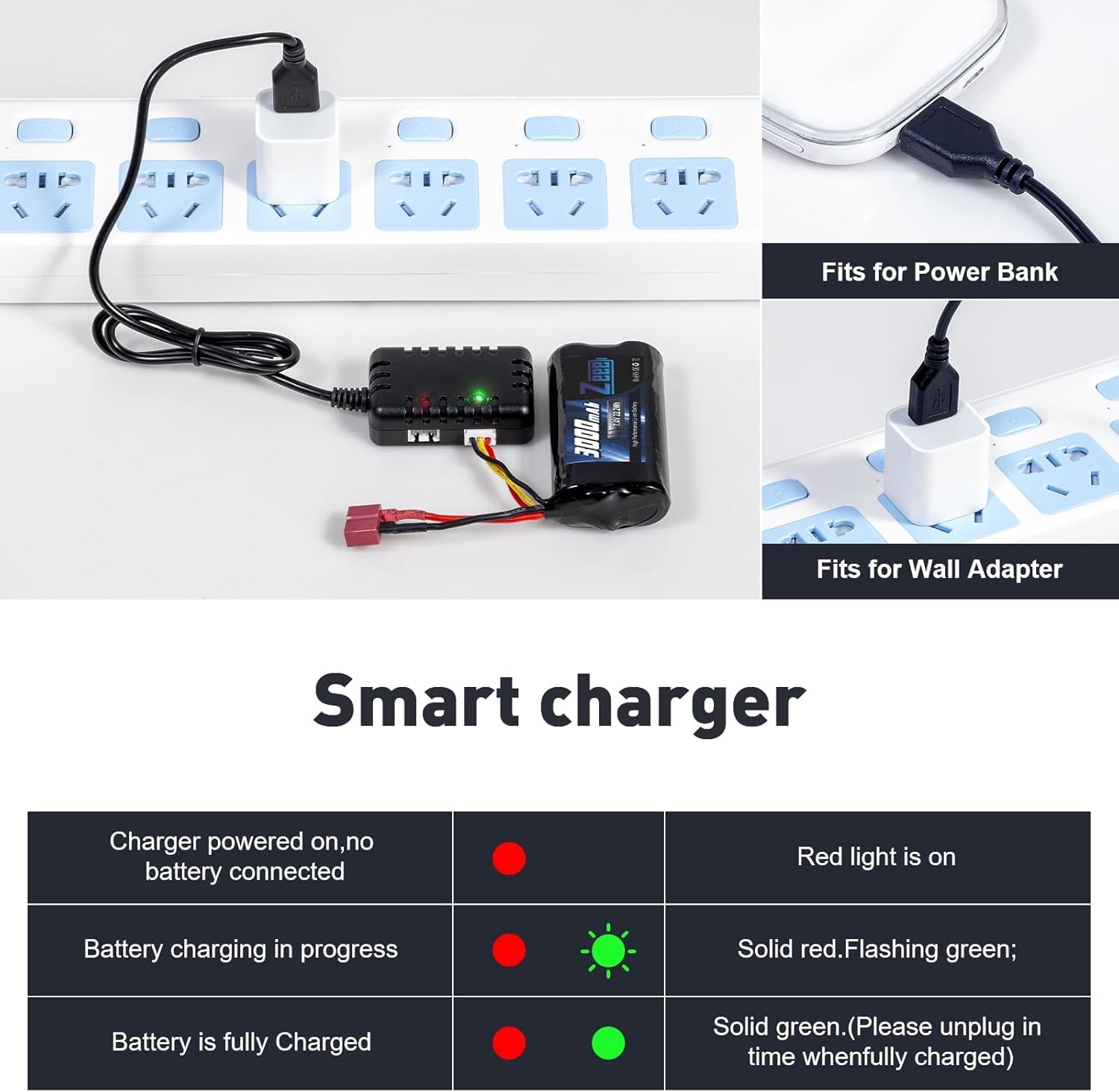 Zeee 2S Li-ION Batterie 7.4V 3000mAh avec Deans Connector Batterie RC Rechargeable Compatible avec Voiture RC Haute Vitesse 4WD Voiture RC à l'échelle 1/16 Bateau RC Camions RC (2pcs)